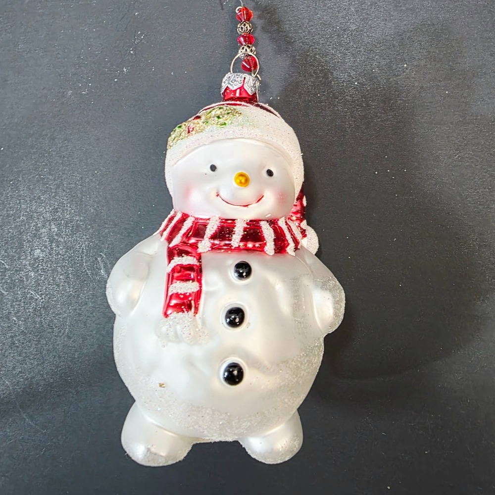 Snowman Blown Glass Christmas Ornament White Red Striped Scarf 4.75" Beaded Hook
